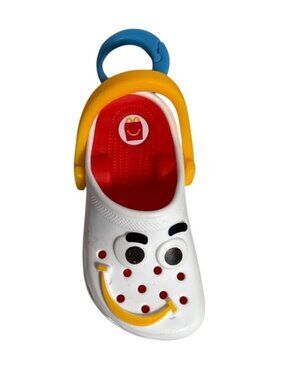 Crocs Toy McDonalds Happy Meal White Shoe Keychain Yellow Handle & Blue Ring 3"